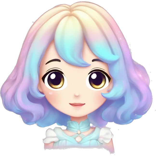 Gorgeous pastel anime style lady blushing nebula-gradient-sparkle face dreamy idol model colorful shiny stars galaxy kawaii cottagecore pearly petite simplistic aesthetic trending style emoji