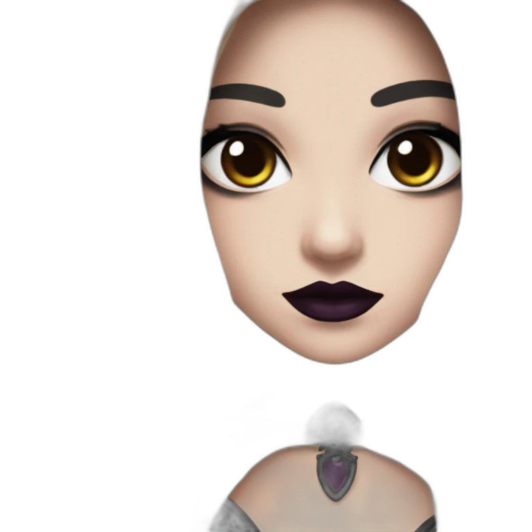 an emote of a gothic girl with brown long hair, black eyeliner and a dark plum lipstick for twitch emoji