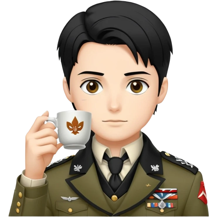Levi Ackerman drinking tea, with black undercut hair, Scout Regiment uniform and cravat emoji