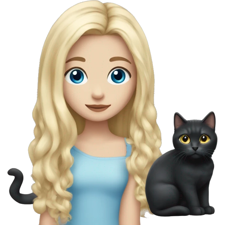 Blondir girl with blue eyes and middle long hair and she has in hand little black kitty with long cat hair  emoji