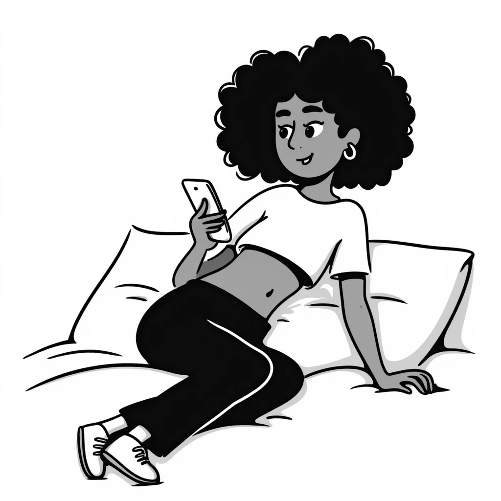 Brown-skinned teenage girl with curly black hair lying on bed looking at cellphone, heavy makeup, big lips, tight crop top, hoop earrings, choni style urban clothing emoji