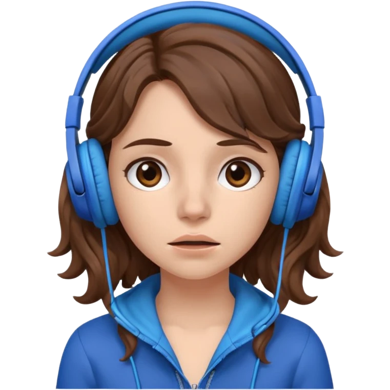 An upset girl with wavy hair listening to music with blue headphones emoji