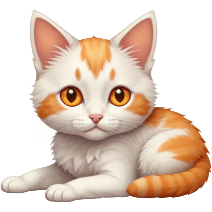 full body of very small + skinny ginger and white kitten with deep orange eyes and triangular shaped face lying down emoji