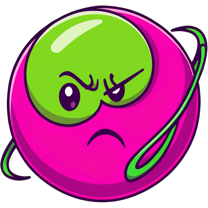 magenta pink planet with swirls and an angry scowling face emoji