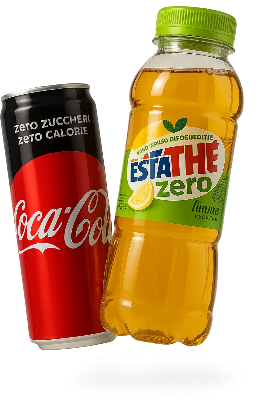 lattina di coca cola zero fluttua accanto a bottiglia di esta-thè zero, iperrealistiche 4k emoji