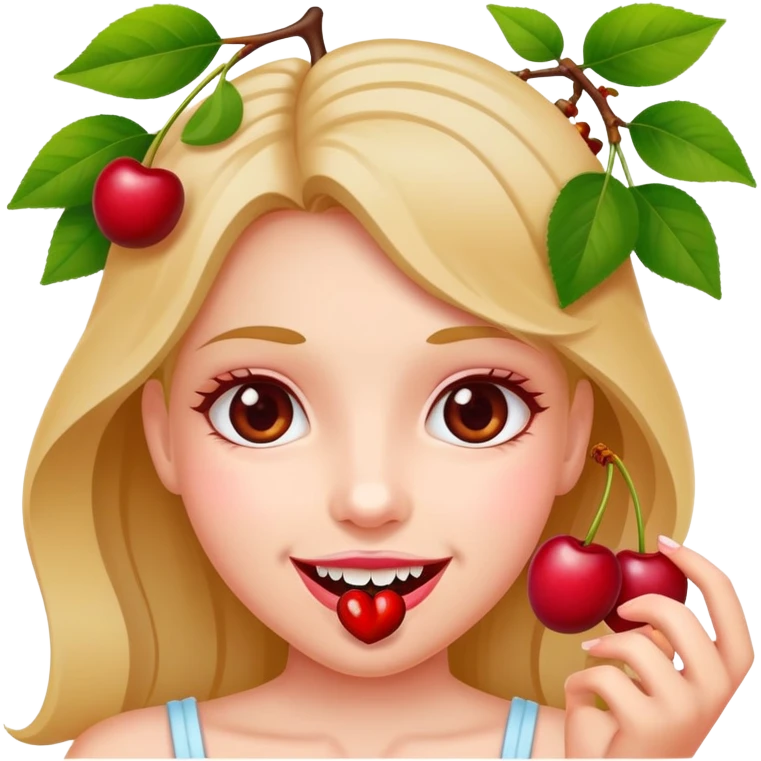 Girl holding cherry vine in between teeth with pink cherries at the end  emoji