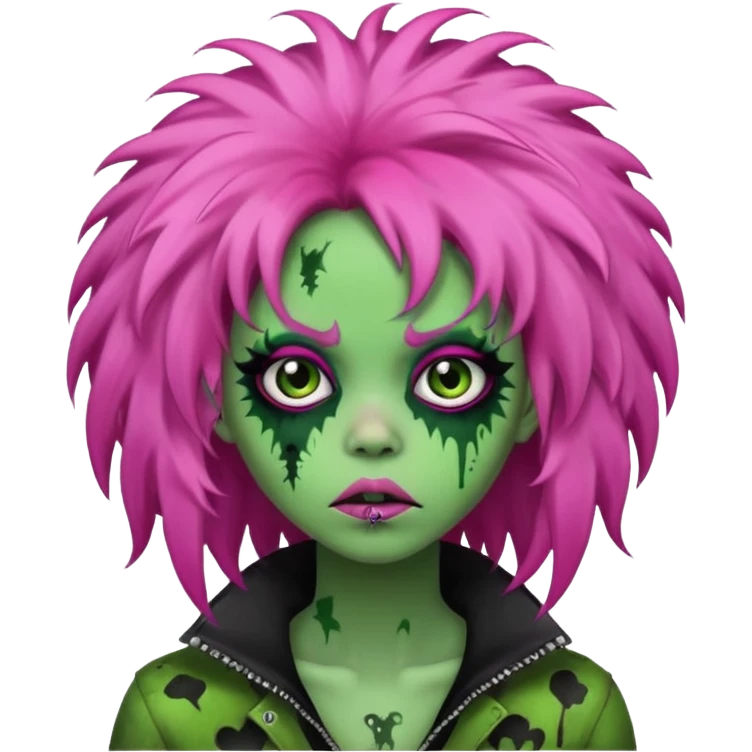 girl, green zombie,pink afro, long, emo, shaggy, dark, spooky,creepy expression emoji