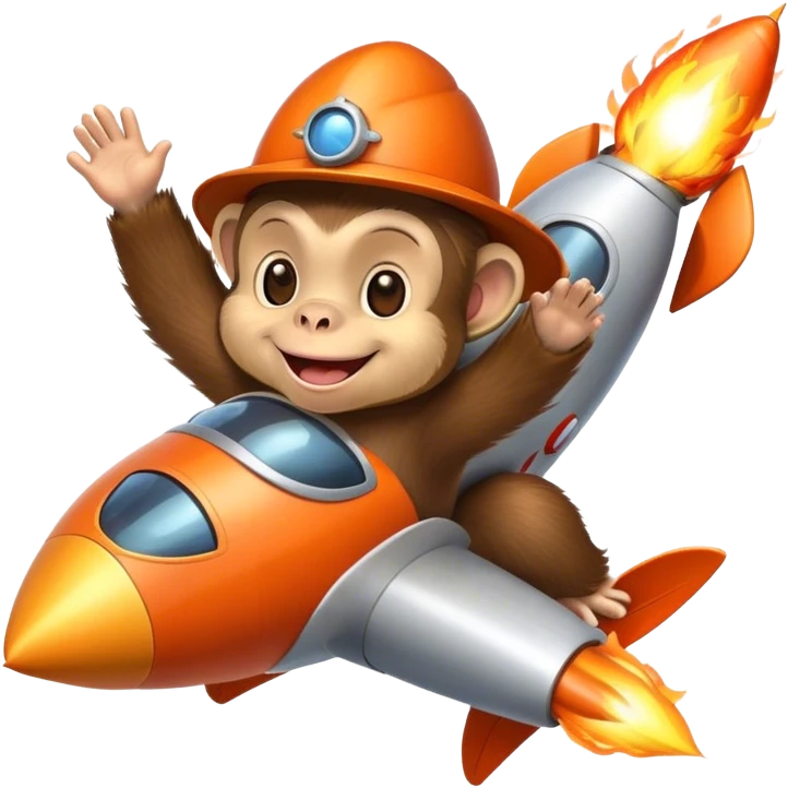 happy monkye in a hat flying in a rocket with fire emoji
