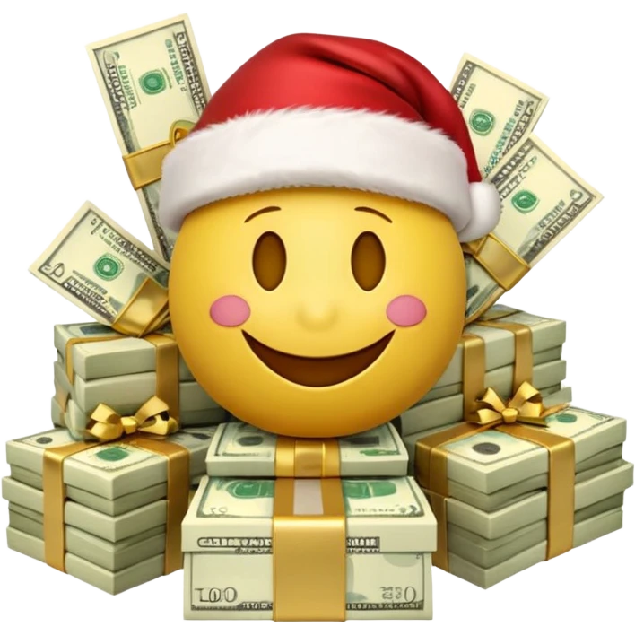 A festive 3D emoji style yellow smiley face wearing a Santa hat, surrounded by stacks of cash and dollar bills, joyful expression, Christmas and New Year theme, high quality, clean design, studio lighting, no text, no background, isolated object, transparent background, emojis.com style emoji