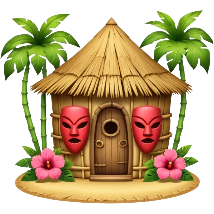 Hawaiian tiki hut house, round tropical hut, bamboo details, thatched roof, tiki masks decoration, hibiscus flowers, cute mobile game icon, 3D cartoon, clean background, no text emoji
