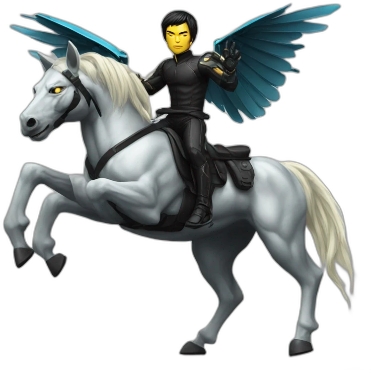 Bruce Lee riding cyberpunk winged mech horse emoji