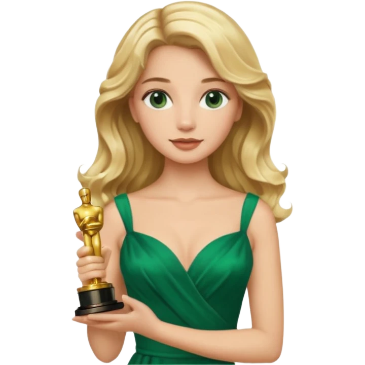 blonde model, brown eyes, long wavy hair, oscars red carpet, emerald green, holding oscar emoji