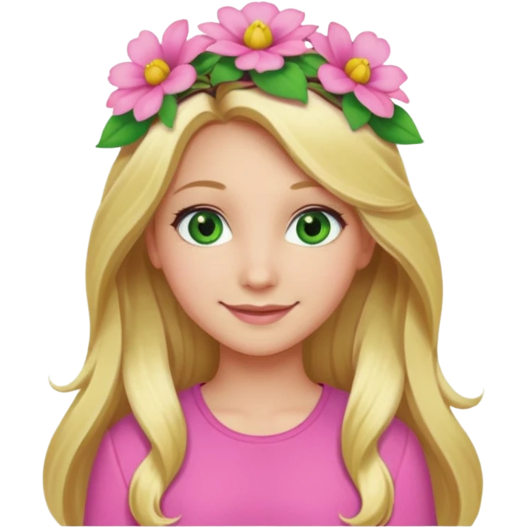 Girl profile picture with long blonde hair and green eyes and a flower in her hair. and a pink outfit emoji