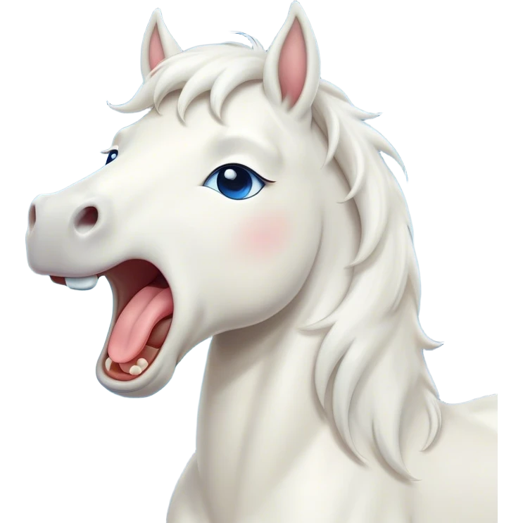 Cinematic Cute Yawning White Horse Portrait Emoji, Head tilted slightly with a dramatic, wide-open yawn, revealing a soft white fur with a subtle shimmer, floppy ears slightly drooping, round blue eyes barely open in drowsy contentment, Simplified yet irresistibly adorable features, highly detailed, glowing with a soft, cozy glow, high shine, relaxed yet expressive, stylized with a touch of whimsy, bright and endearing, soft glowing outline, capturing the essence of a sleepy yet affectionate horse, so drowsy it feels like it could stretch out of the screen and curl up for a nap! emoji