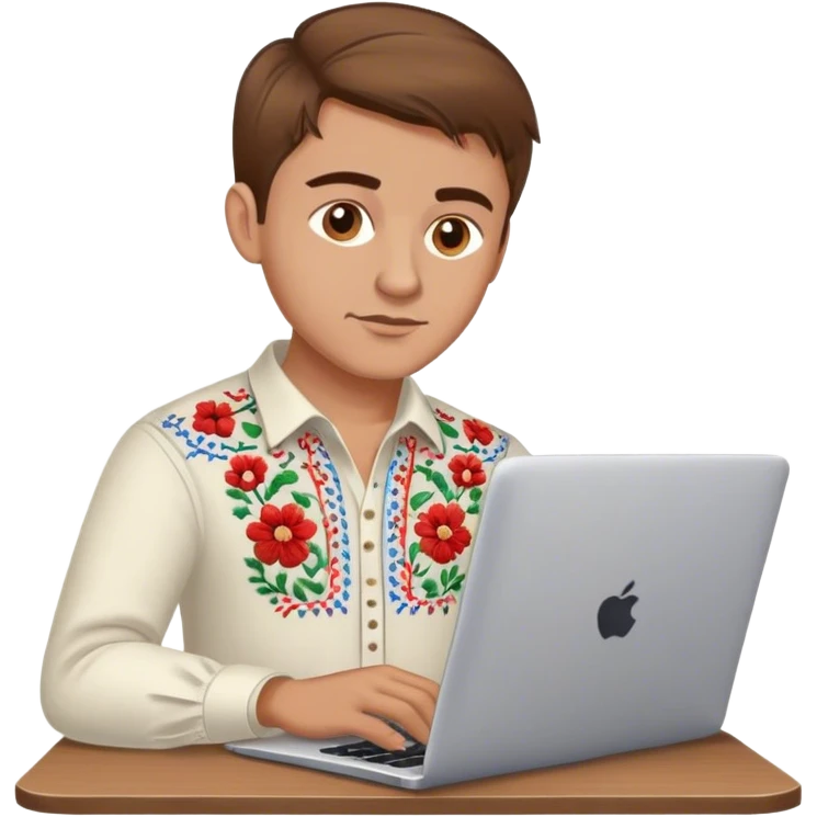 A Ukrainian guy with brown hair in an embroidered shirt works at his laptop emoji
