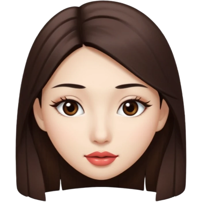 Una chica con piel muy clarita con pleo liso largo de color castaño y unos ojos marrones oscuro y labios grandes y nariz bonita y con unas pestañas que parezca asiatica emoji