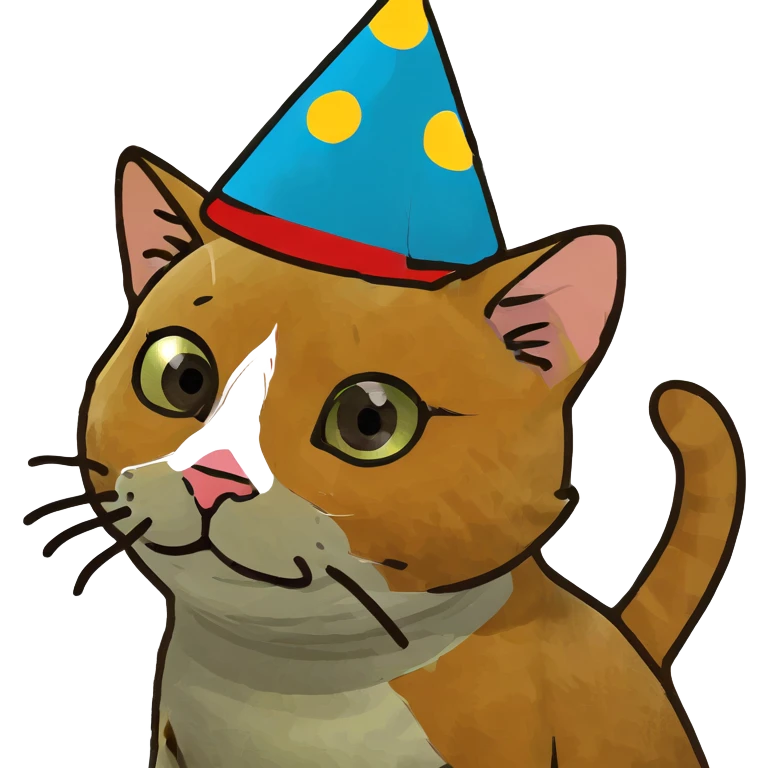 ginger tabby kitten celebrating birthday, wearing a birthday hat, with birthday cake, balloons, happy expression, and gifts emoji