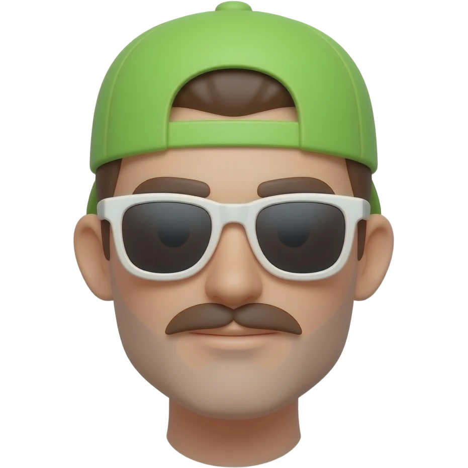 Emoji estilo iOS 3D de un avatar masculino inspirado en la estética 'Ferxxo'. Incluye gafas de sol blancas, gorra de color verde neón, un bigote simple y recto. El diseño debe ser minimalista, con iluminación de estudio suave y sombras paralelas realistas sobre un fondo blanco limpio. emoji