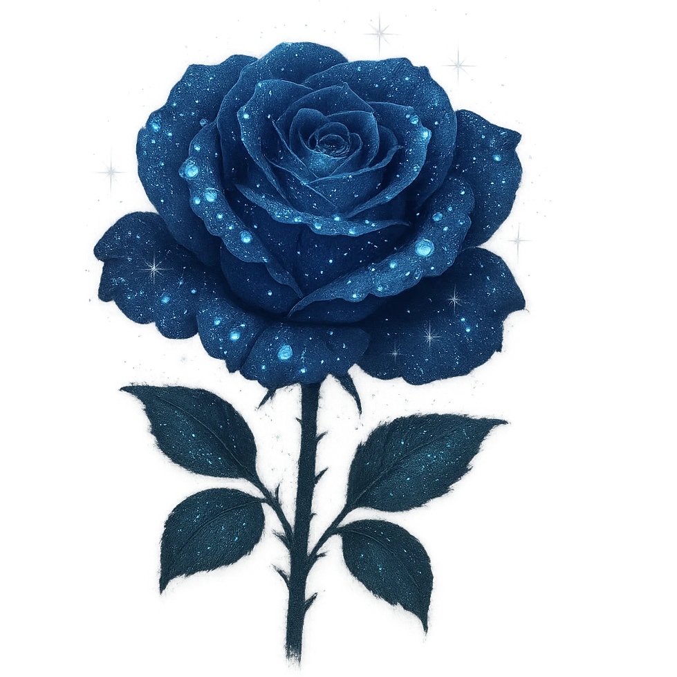 Add glowing dewdrops on the petals of the midnight rose with deep blue petals, subtle silver sparkles, and a soft magical glow. Keep the background transparent. The style should reflect a delicate and ethereal look with emphasis on the glowing effect and silver accents. emoji