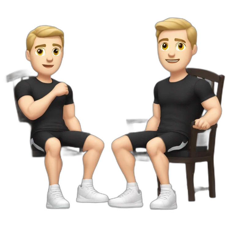 Pale skinned Fit Man With the biceps and dark brown hair in black shirt, gray sports shorts and white Sneakers Sitting on a chair emoji