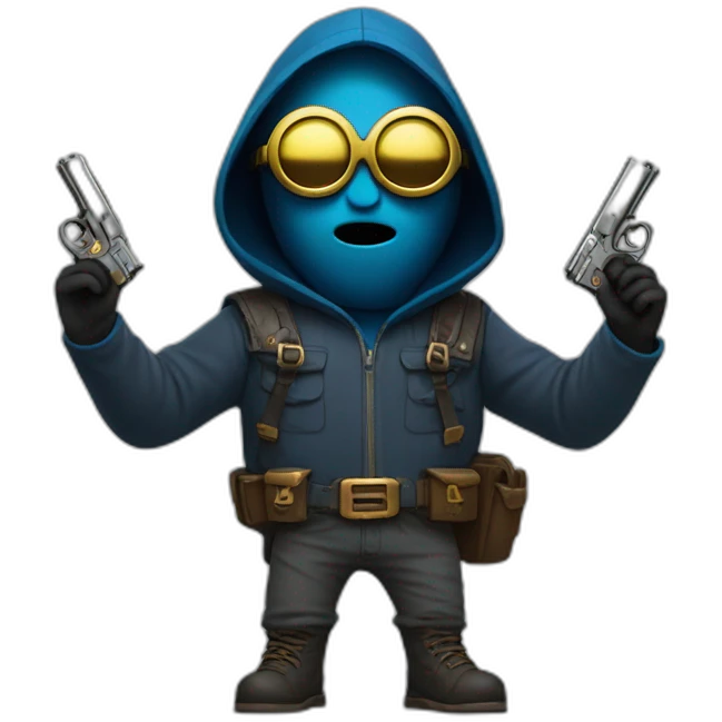 no face normal minion with glasses in hood in blue sleeveless shirt with with raised hands and pistols in each with a gold insert on the belt in gray pants and leather boots emoji