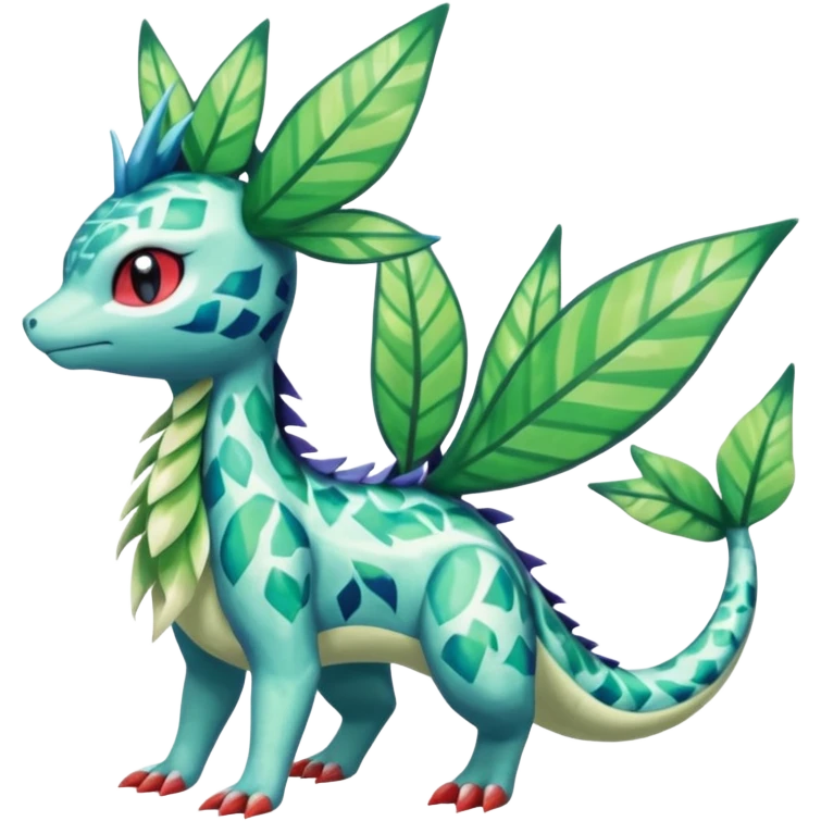 Shiny Scaley Marked Patterned Colorful Tropical Shaymin-Vaporeon-Sceptile-Flygon-Meloetta-Pokémon-Fakémon-fusion, full body emoji