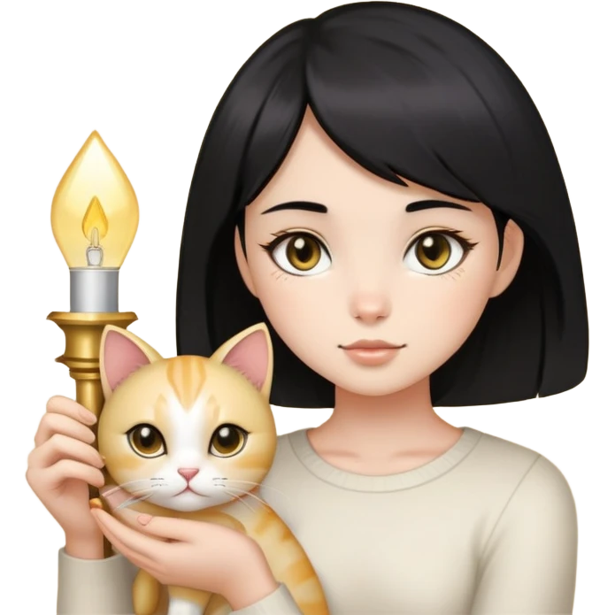black hair girl with black eyes with light gold cat emoji