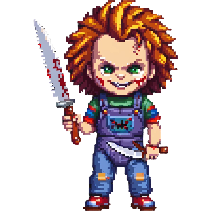 Chucky with wild hair, evil grin, holding a bloody knife emoji