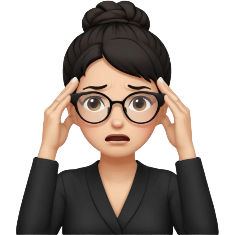 dark haired woma with hair a high bun, wearing glasses covering ears and crying emoji