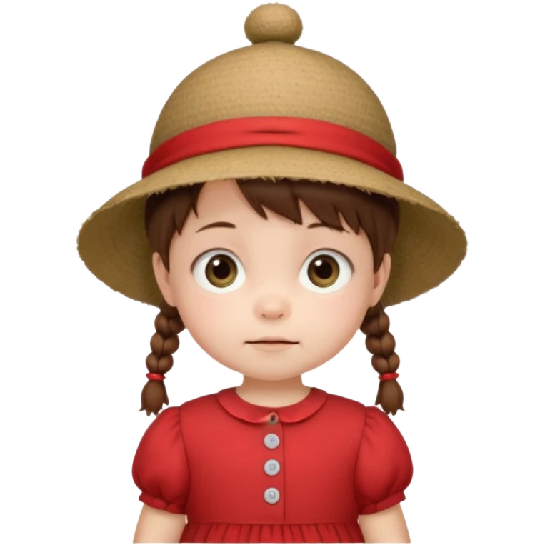 baby girl with brown hair and pigtails with a hat and red dress like My Neighbor Totoro movie emoji