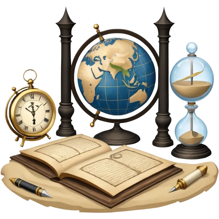 An icon featuring ancient scrolls, a quill pen, and large, old-fashioned sand clocks, symbolizing the study of history. The design includes a globe and a timeline with significant historical events, set against ruins to evoke past civilizations. Transparent background highlights the passage of time. emoji
