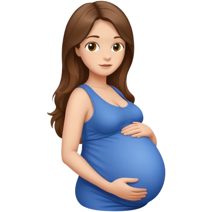 Pregnant woman with long brown hair and hazel eyes. Big belly wearing blue emoji