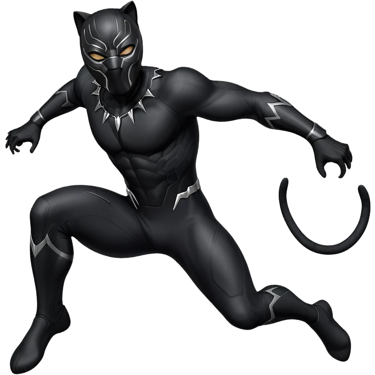 Black Panther superhero, black suit, cat-like mask, leaping action emoji