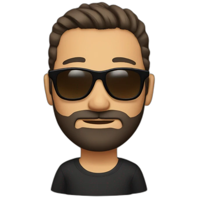 Short brown hair slicked back, brown sunglasses, black beard, black t-shirt. emoji