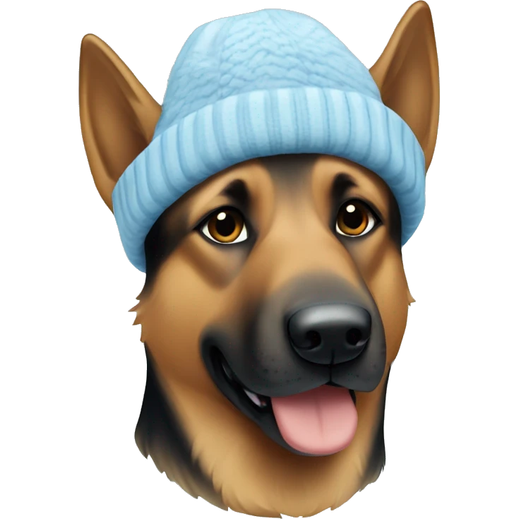 Brown German shepherd in a light blue winter hat emoji