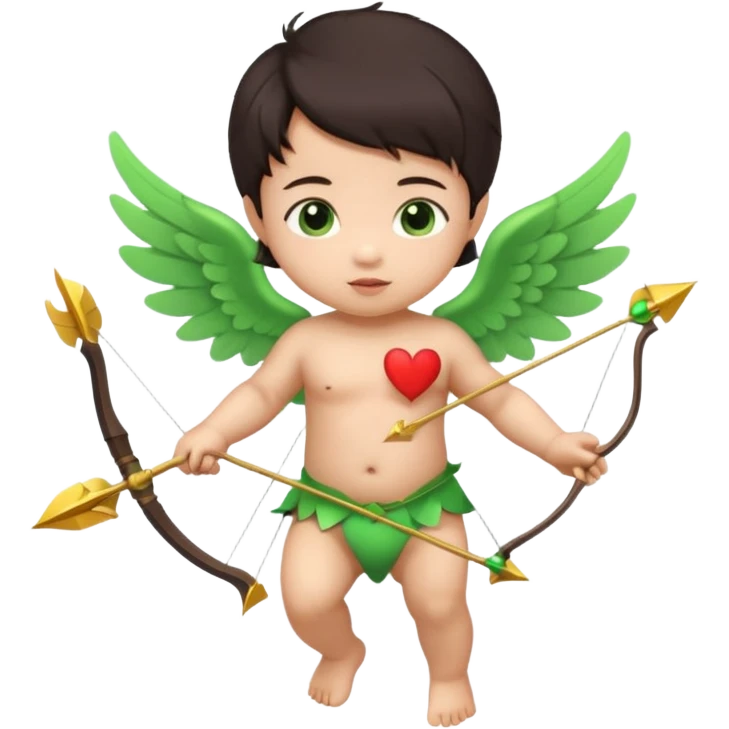 cupid asian baby flying full body with wings with brown eyes and dark hair handled bow and arrow directed to green emoji heart emoji
