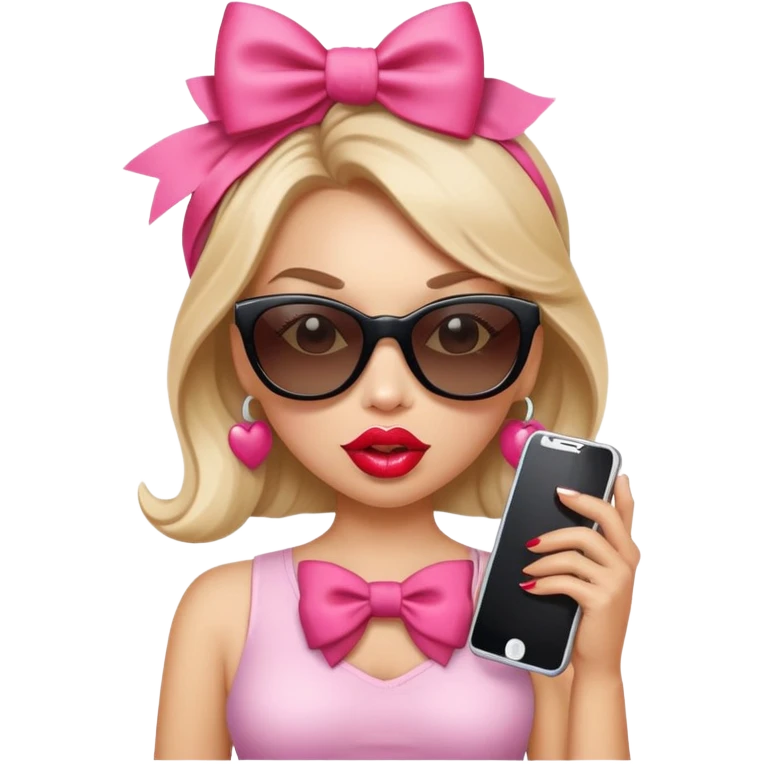Girl with huge lips, sunglasses, bow on her hair, holding a phone with attitude emoji
