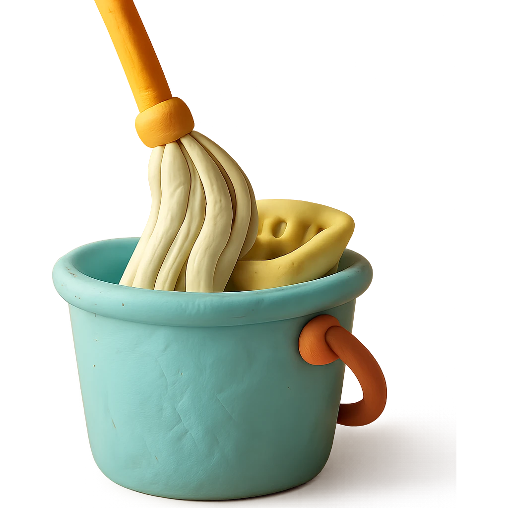 close-up of mop wringing out in a bucket, soft lighting, pastel colors, claymation style emoji