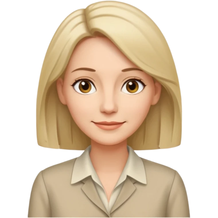 Женщина около сорока лет с прямыми волосами до плеч, собранными за уши, мягкая уверенная улыбка, строгая блузка нейтрального цвета без украшений. emoji