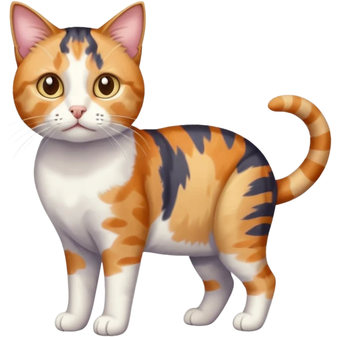 full body anxious looking colourful patchy calico tabby cat with tiny head to large body with fully white front legs emoji