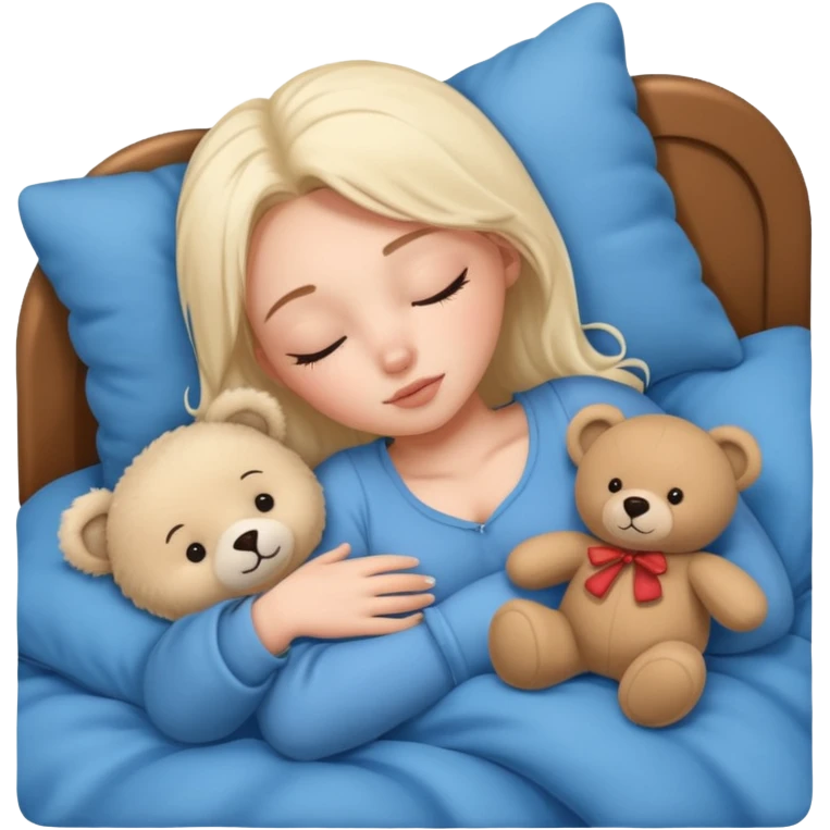 single-girl-in-Warm Cream-cozy-blue-bed-sleeping-pretty-eyelashes-light-skin-with toy emoji