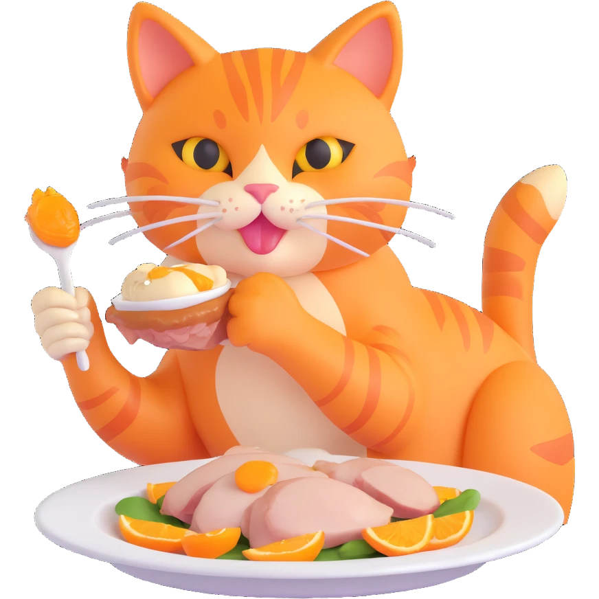 orange cat with orange eyes eating a chicken thigh from a plate, 3D emoji style emoji