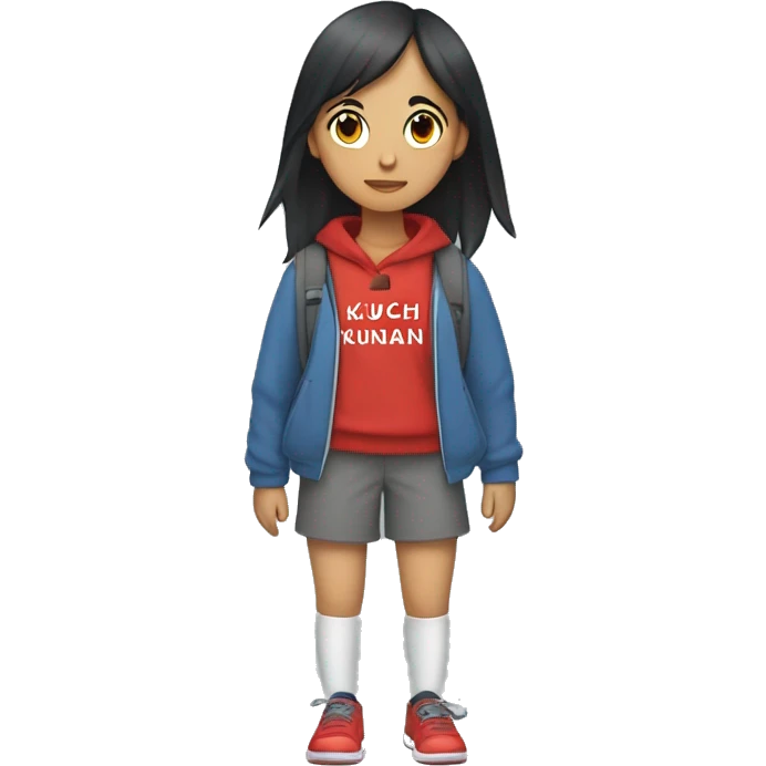 Penelope (a girl who had black hair in a short ponytail, wears a gray hoodie with red text that reads "KUCHI KUKAN" in it with a graphic on the bottom of the text, black shorts, gray socks, red shoes, & carries her blue backpack) emoji