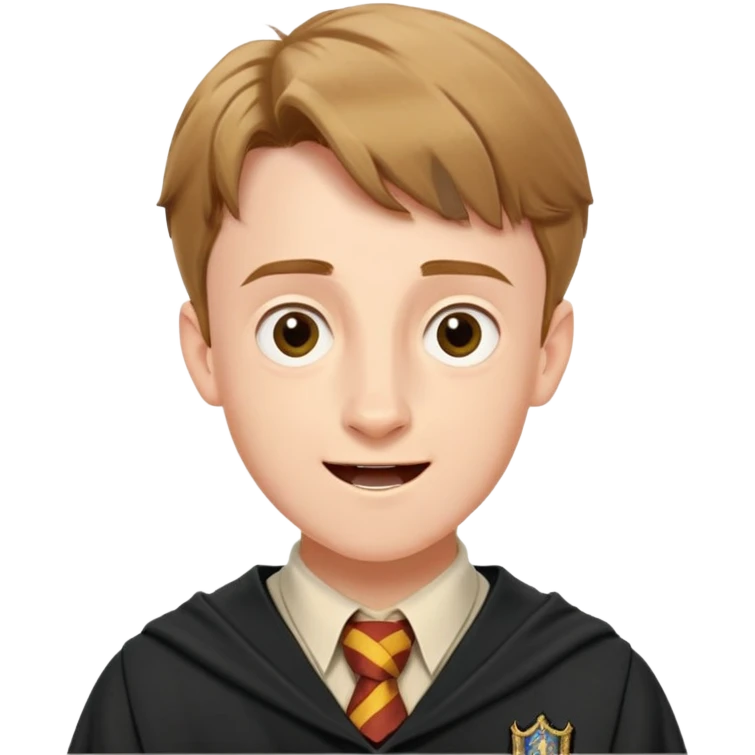 Hugh Mitchell is colin creevey in harry potter, wear hogwarts uniform,  Short light brown hair, small and skinny, wide mouth, with a perpetual look of excitement on his face. emoji