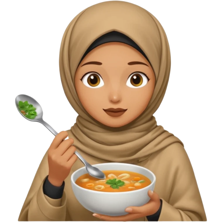 a woman wearing a pashmina hijab is eating while holding a spoon emoji