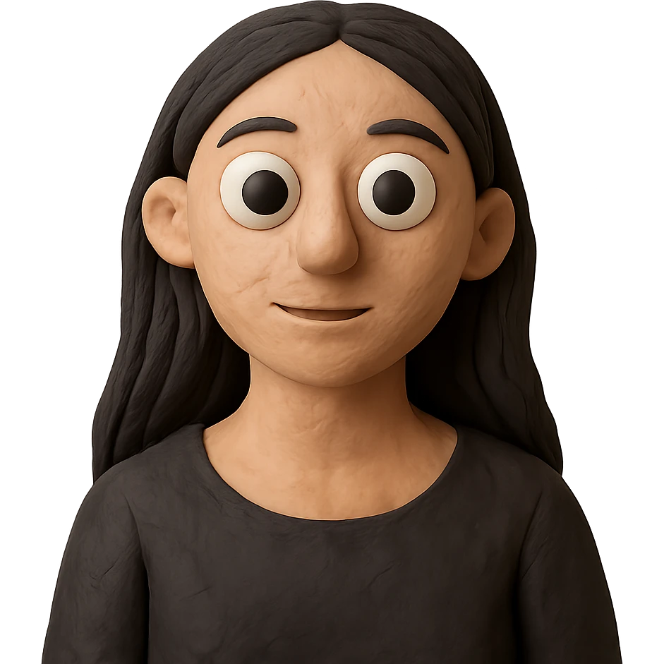 claymation style white woman with rounded brown eyes, long black hair, black blouse emoji