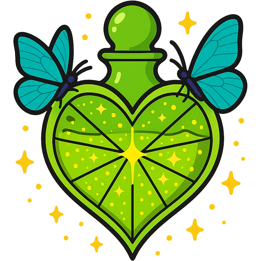 Make the inside of the bottle appear filled with a beautiful, glowing, glittery neon green liquid. The liquid should look magical and luxurious, with sparkling glitter and a glowing effect. Keep the two butterflies, magical dust, and transparent background. emoji