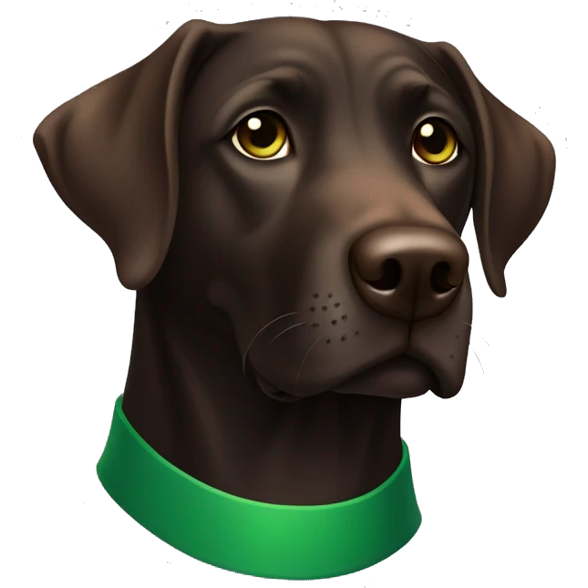 Dark brown Labrador retriever with green collar looking straight emoji