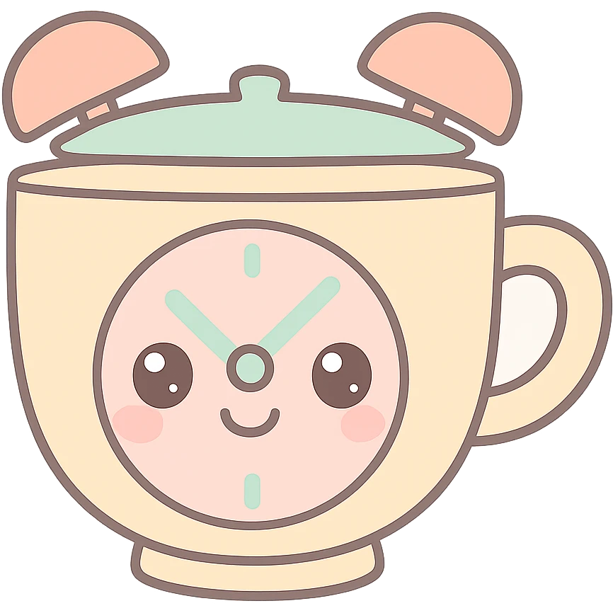 kawaii style clock with a tea cup as the face, cute face, pastel colors emoji