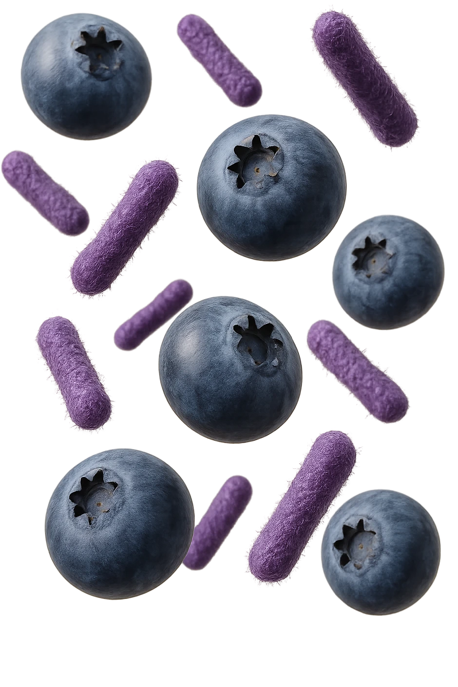 mirtilli fluttuano in aria insieme a 6 batteri intestinali viola, iperrealistico 4k emoji